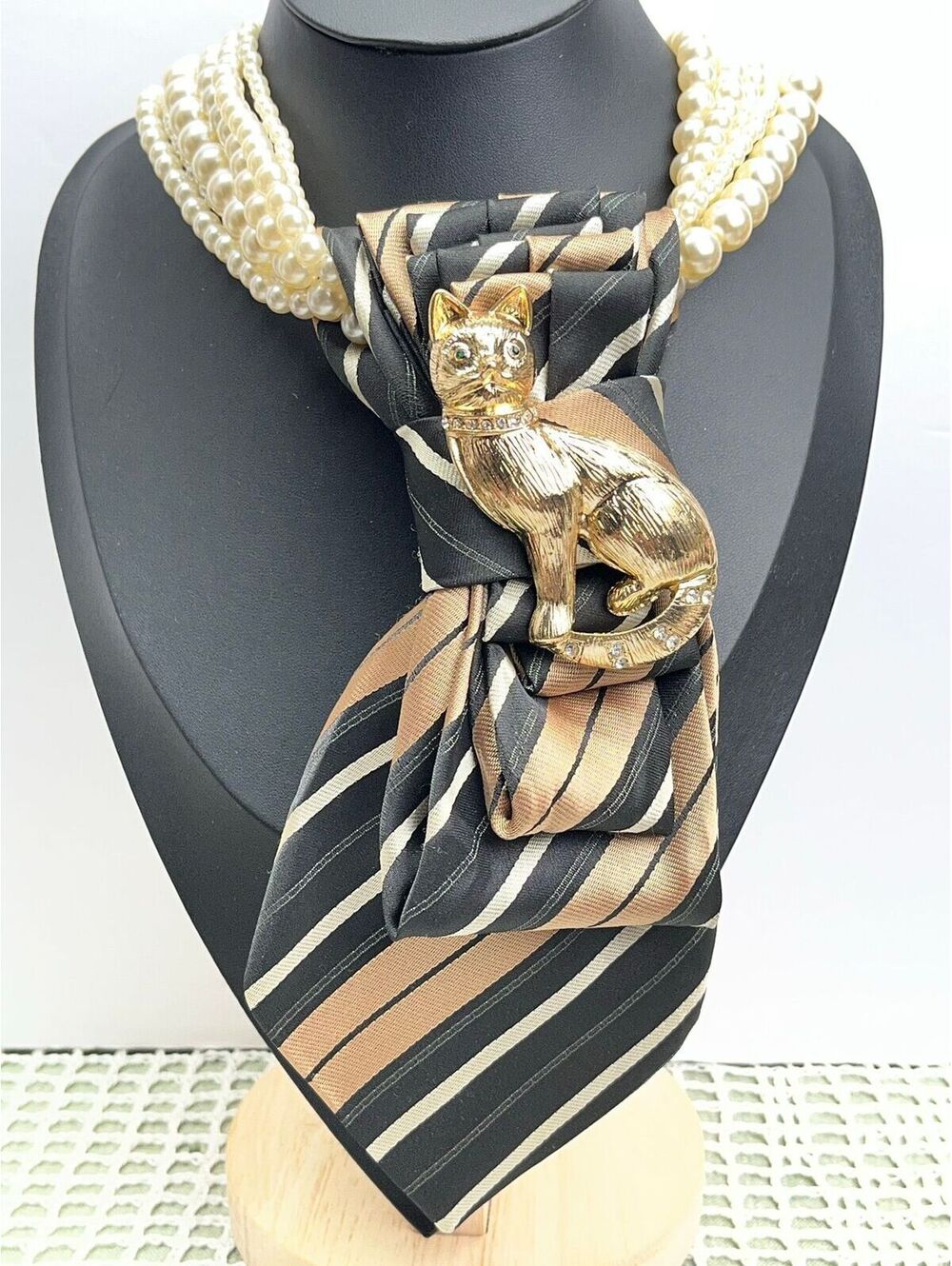 #527 Neck Tie Necklace Black Brown Stripe Bold Cat Brooch Chunky Layered Boho